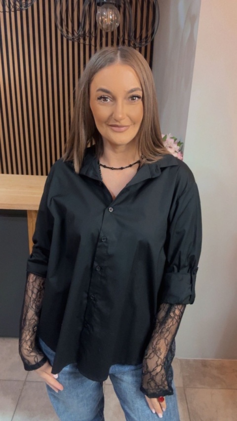 Koszula POSSE z koronkowymi rękawami - Czarna