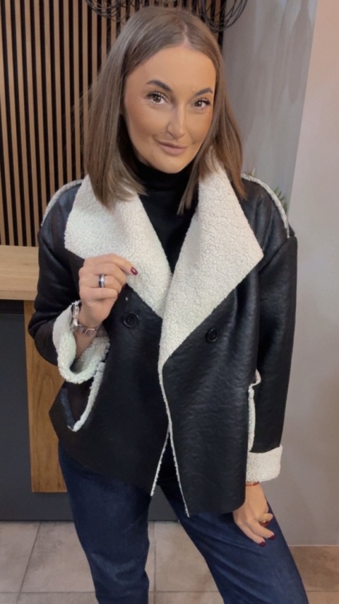 Kurtka z kożuchem - ekoskóra, czarna