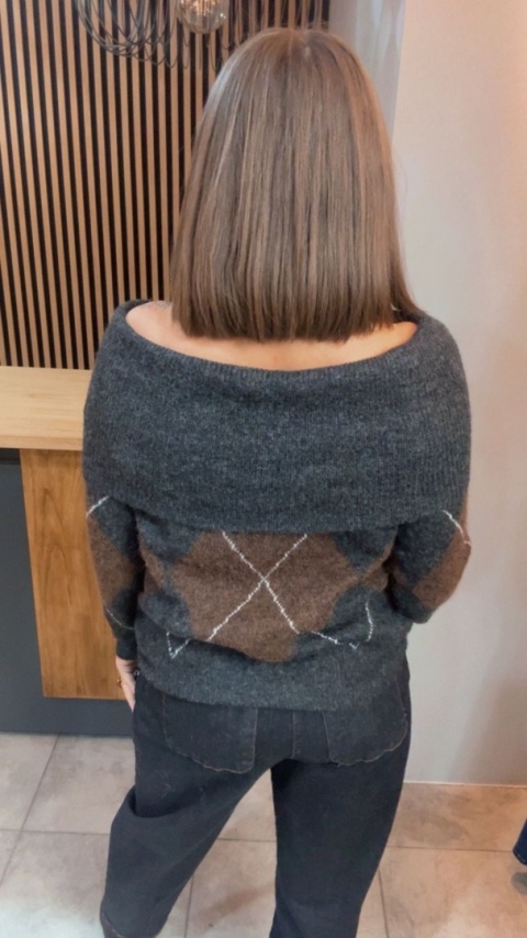 Sweter VICBEE – Argyle z szerokim kołnierzem - Grey