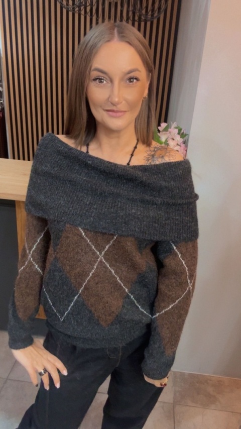 Sweter VICBEE – Argyle z szerokim kołnierzem - Grey