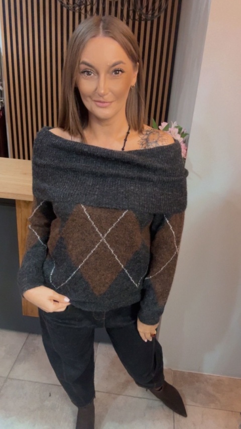 Sweter VICBEE – Argyle z szerokim kołnierzem - Grey