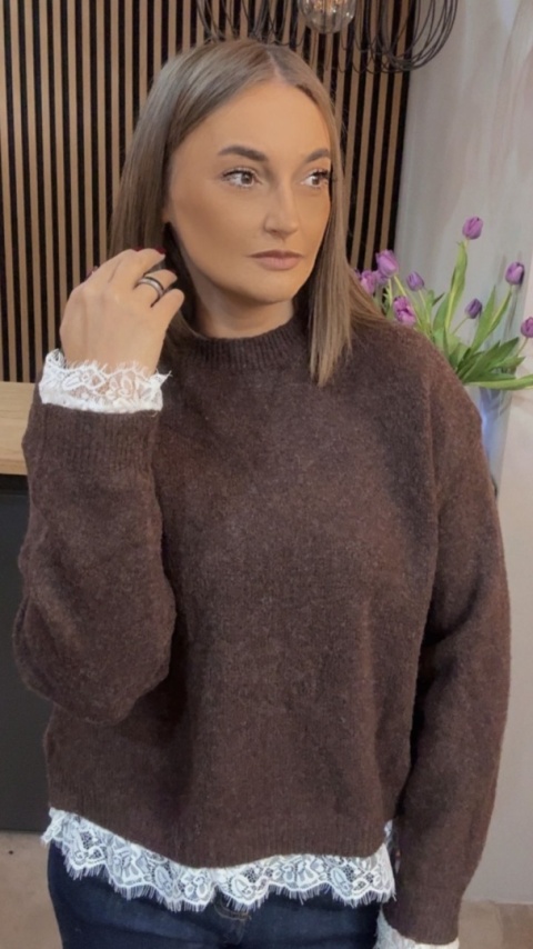 Sweter z koronką Vinceotto - Czekolada