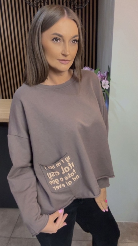 Bluza damska oversize z ozdobną kieszonką - taupe