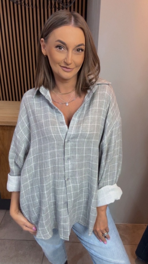 Koszula Oversize w Kratę – 100% Bawełna (szaro-biała)