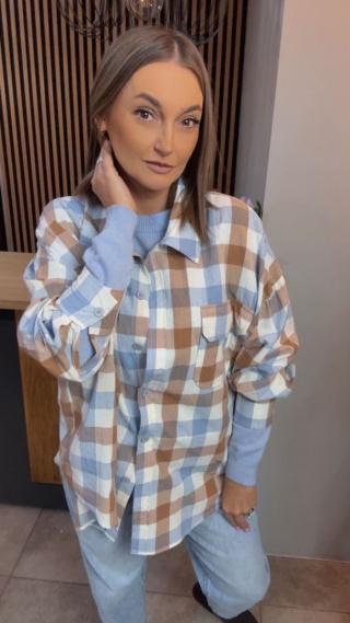 Koszula oversize w beżowo-błękitną kratę – 100% bawełna