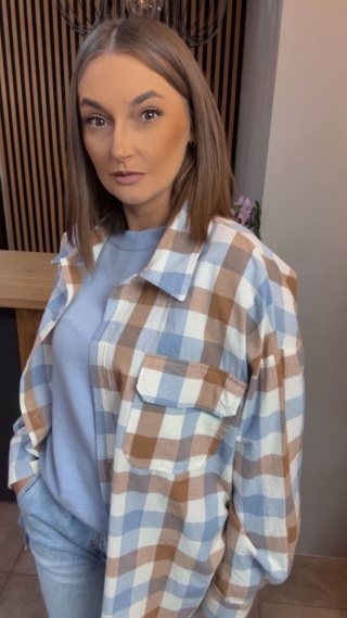 Koszula oversize w beżowo-błękitną kratę – 100% bawełna