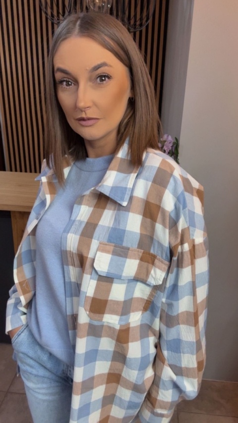 Koszula oversize w beżowo-błękitną kratę – 100% bawełna