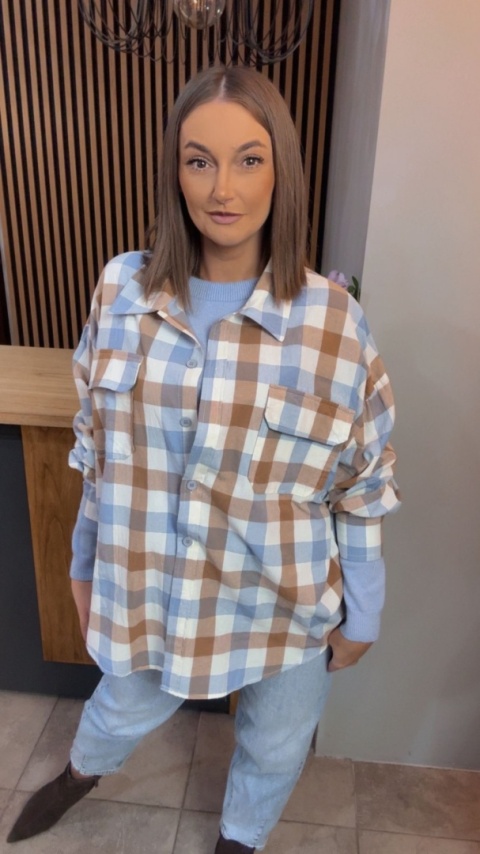 Koszula oversize w beżowo-błękitną kratę – 100% bawełna