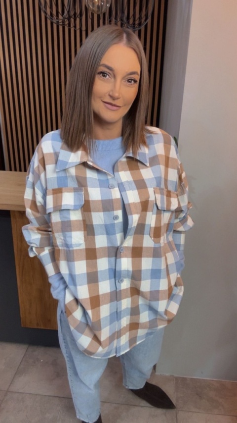 Koszula oversize w beżowo-błękitną kratę – 100% bawełna