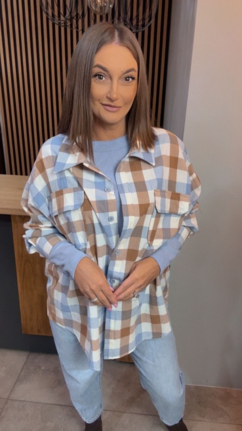 Koszula oversize w beżowo-błękitną kratę – 100% bawełna