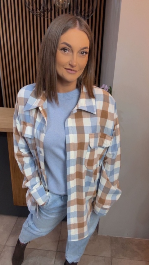 Koszula oversize w beżowo-błękitną kratę – 100% bawełna