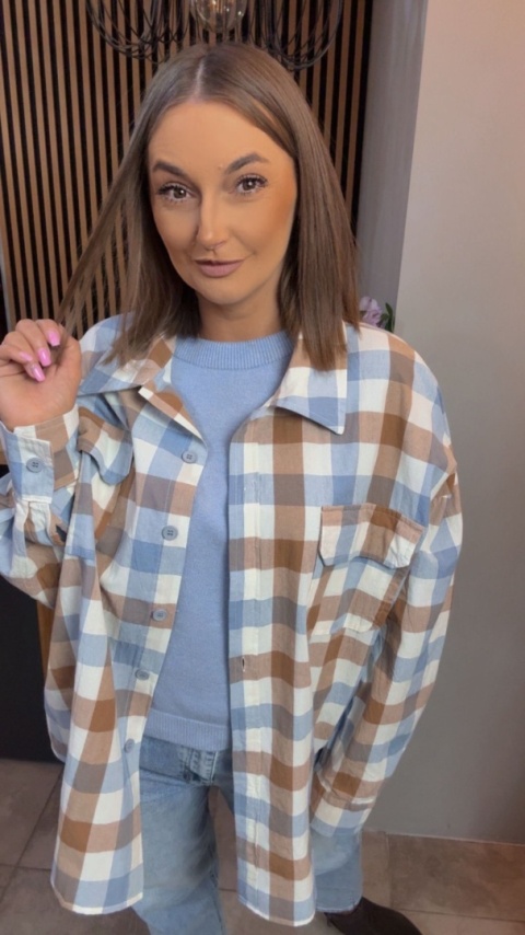 Koszula oversize w beżowo-błękitną kratę – 100% bawełna