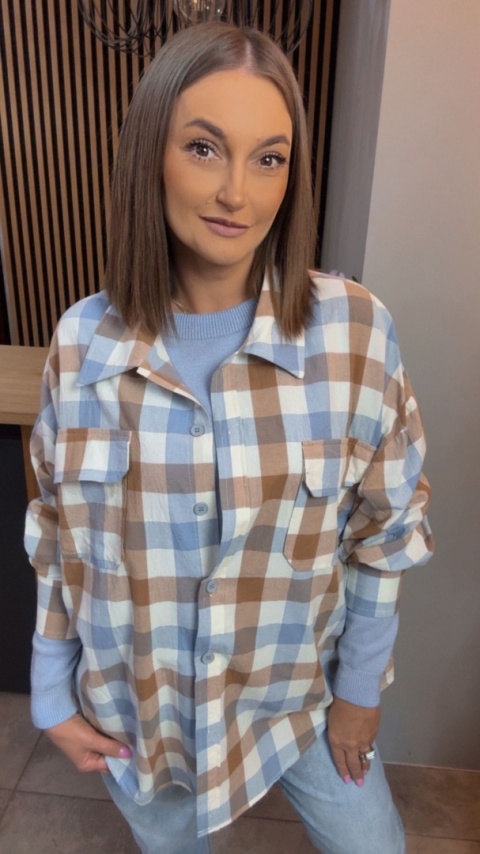 Koszula oversize w beżowo-błękitną kratę – 100% bawełna