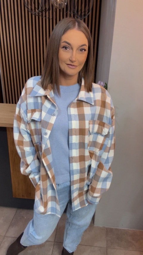 Koszula oversize w beżowo-błękitną kratę – 100% bawełna