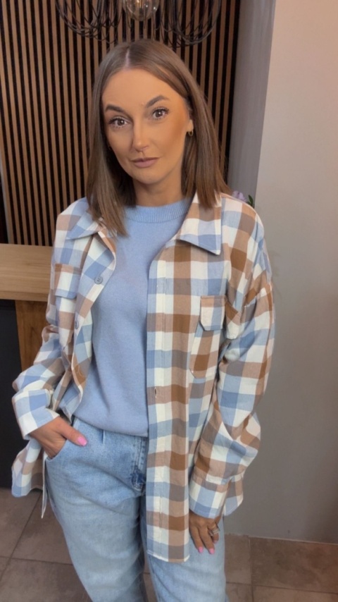 Koszula oversize w beżowo-błękitną kratę – 100% bawełna