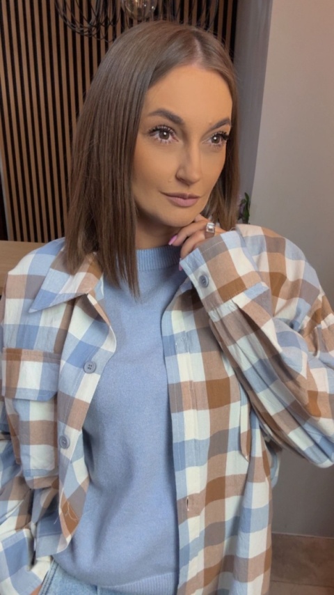 Koszula oversize w beżowo-błękitną kratę – 100% bawełna