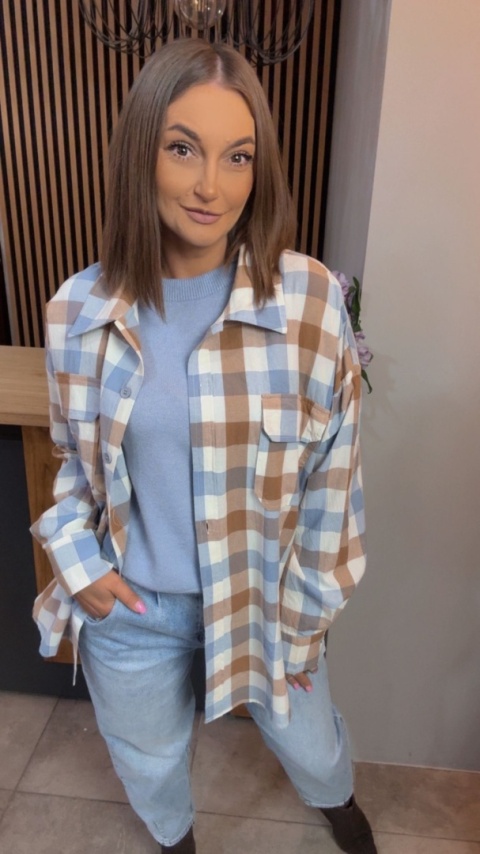 Koszula oversize w beżowo-błękitną kratę – 100% bawełna