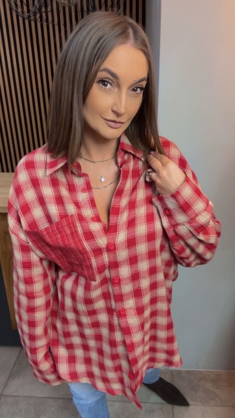 Koszula oversize w czerwono-beżową kratę – 100% bawełna