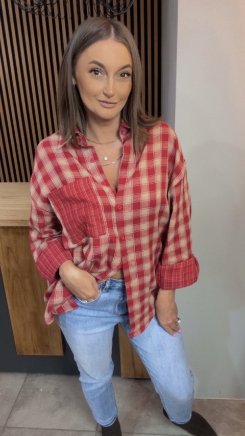 Koszula oversize w czerwono-beżową kratę – 100% bawełna
