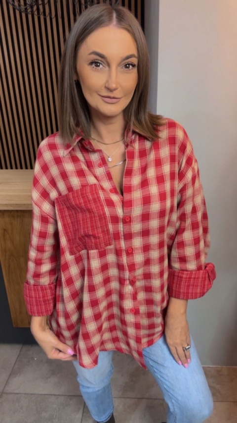 Koszula oversize w czerwono-beżową kratę – 100% bawełna