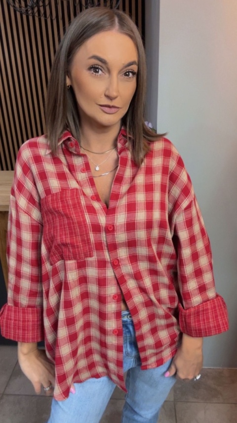 Koszula oversize w czerwono-beżową kratę – 100% bawełna
