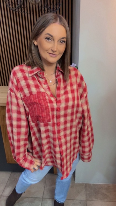 Koszula oversize w czerwono-beżową kratę – 100% bawełna