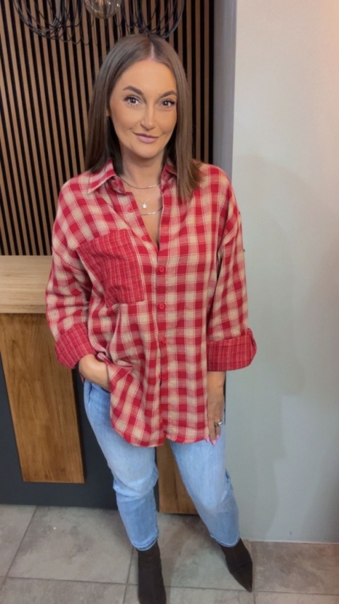 Koszula oversize w czerwono-beżową kratę – 100% bawełna
