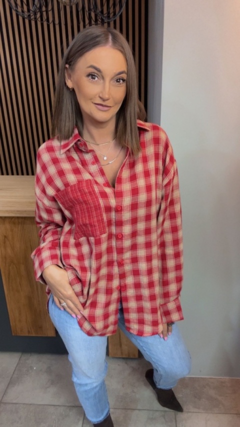 Koszula oversize w czerwono-beżową kratę – 100% bawełna