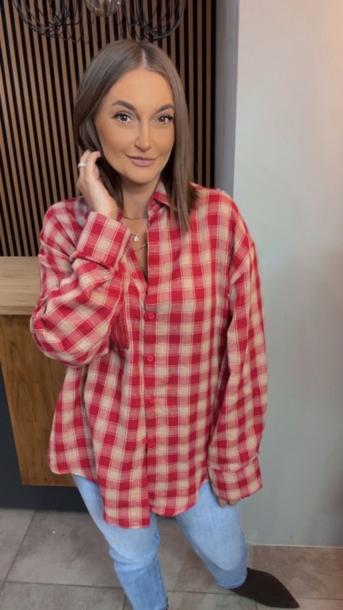 Koszula oversize w czerwono-beżową kratę – 100% bawełna