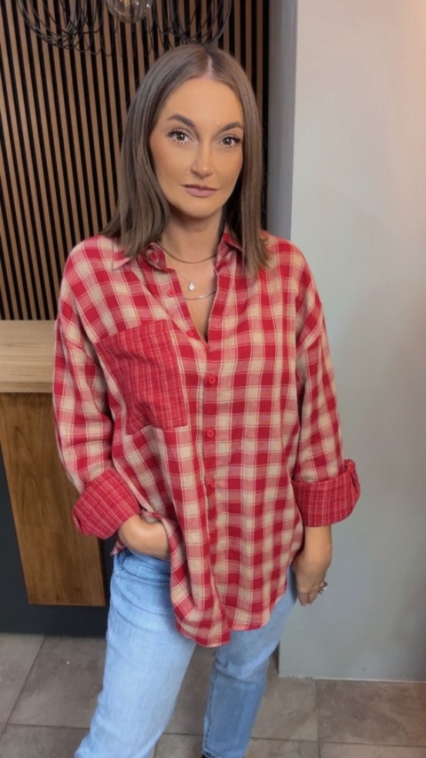 Koszula oversize w czerwono-beżową kratę – 100% bawełna
