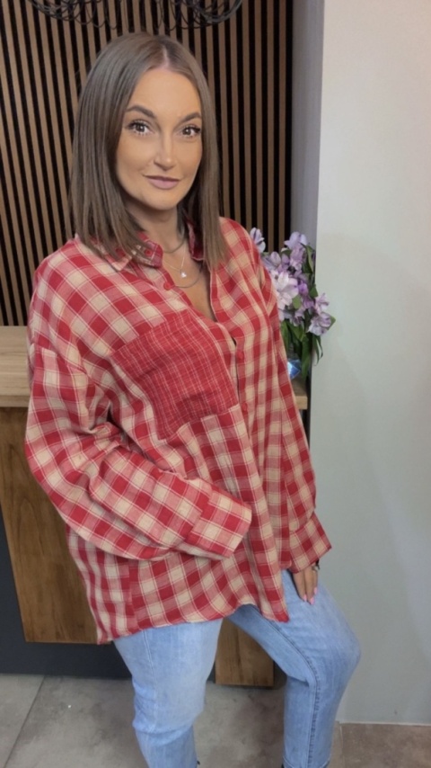 Koszula oversize w czerwono-beżową kratę – 100% bawełna