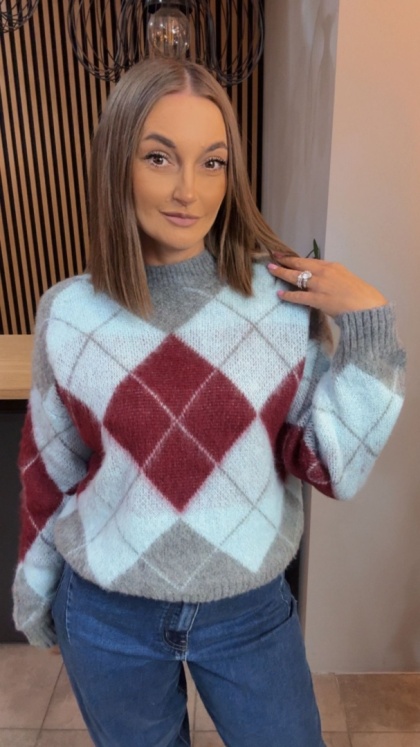 Sweter Argyle MISS LUCKY – Szary–bordo–błękit