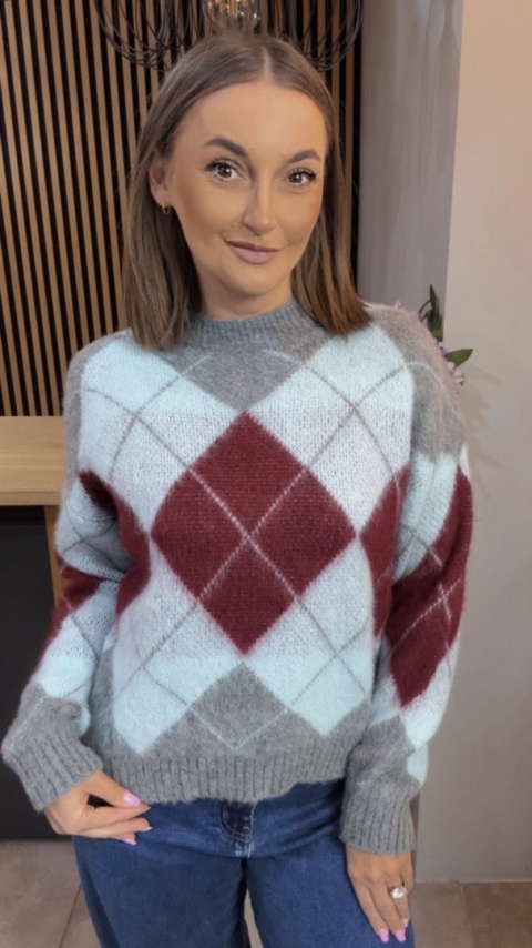 Sweter Argyle MISS LUCKY – Szary–bordo–błękit