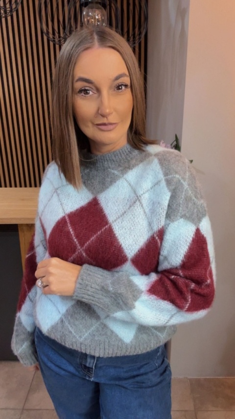 Sweter Argyle MISS LUCKY – Szary–bordo–błękit