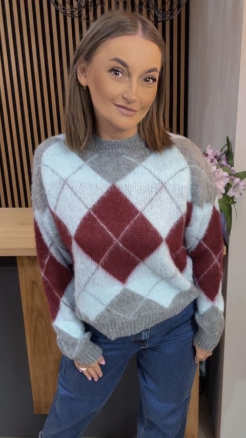 Sweter Argyle MISS LUCKY – Szary–bordo–błękit
