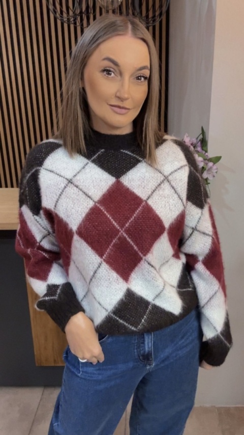 Sweter Argyle MISS LUCKY – Biały–czarny–bordo