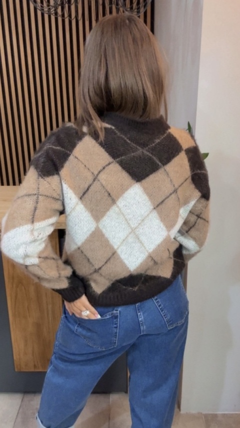 Sweter Argyle MISS LUCKY – Beż–brąz–biały