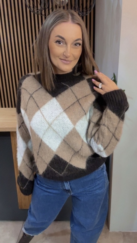 Sweter Argyle MISS LUCKY – Beż–brąz–biały