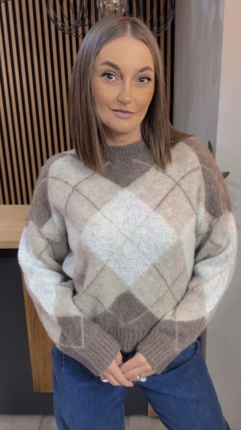 Sweter Argyle MISS LUCKY – Beżowy mix – kość słoniowa, cappuccino i taupe