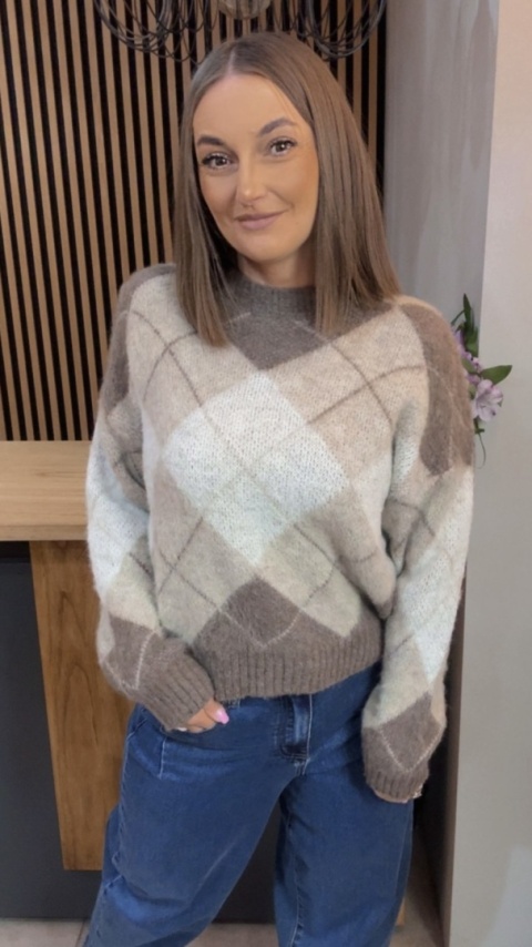Sweter Argyle MISS LUCKY – Beżowy mix – kość słoniowa, cappuccino i taupe