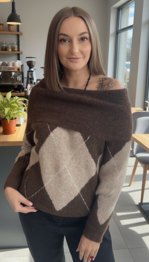 Sweter VICBEE - Argyle z szerokim kołnierzem - Coffee
