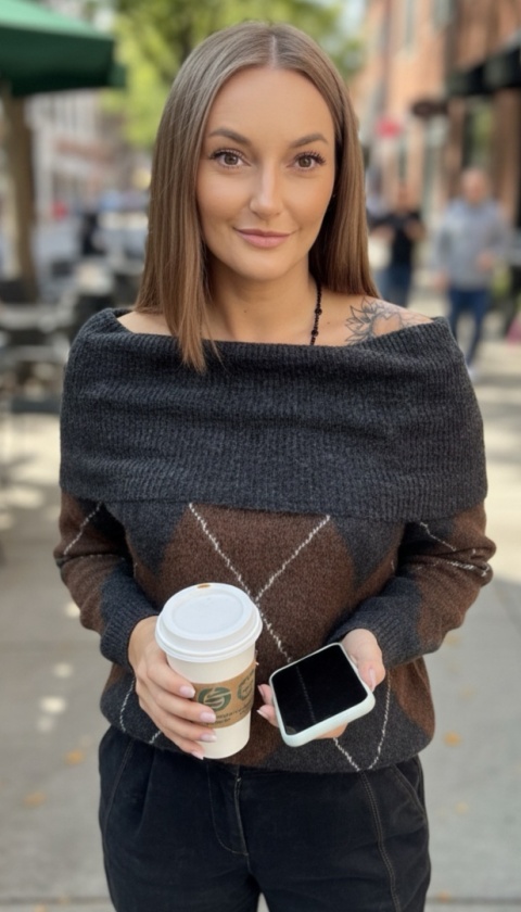 Sweter VICBEE - Argyle z szerokim kołnierzem - Grey