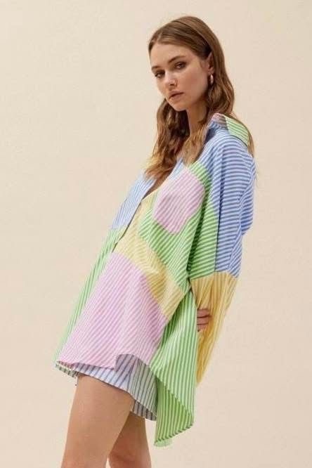 Koszula oversize patchwork w paski WIYA - Verde