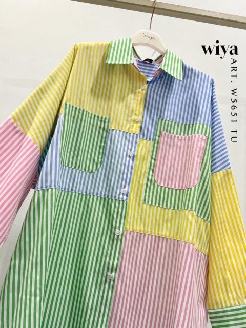 Koszula oversize patchwork w paski WIYA - Verde
