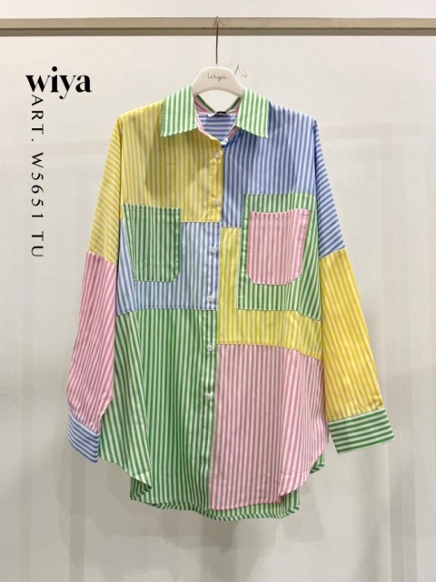 Koszula oversize patchwork w paski WIYA - Verde
