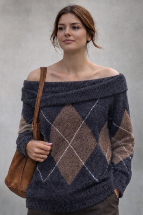 Sweter VICBEE - Argyle z szerokim kołnierzem - Grey