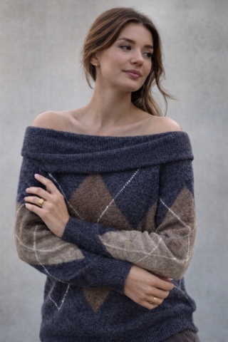 Sweter VICBEE - Argyle z szerokim kołnierzem - Grey