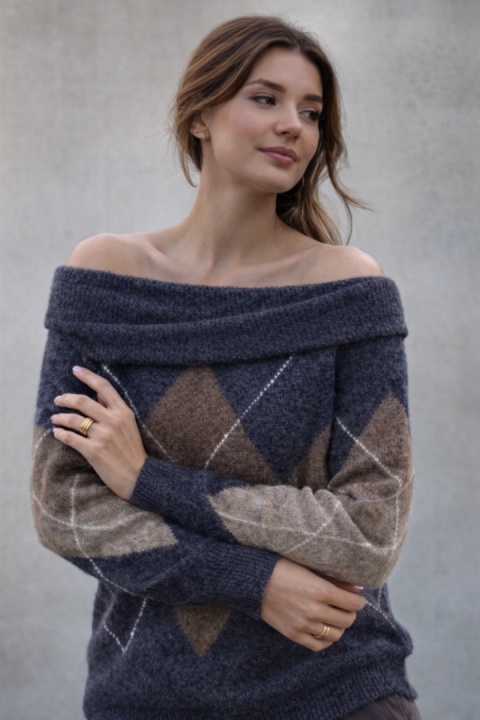 Sweter VICBEE - Argyle z szerokim kołnierzem - Grey