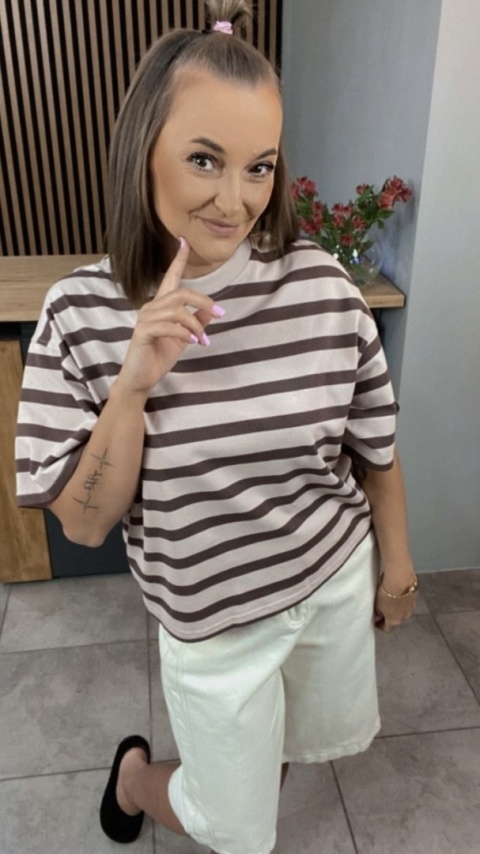 T-shirt w beżowo-brązowe paski Lenoshka