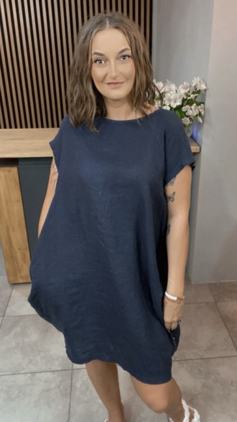 Sukienka Wendy Trendy 100% Len z Regulacją Granatowa Sukienka Wendy Trendy 100% Len z Regulacją Granatowa